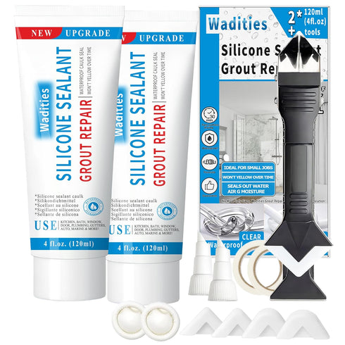 8Oz Clear Waterproof Caulk & Seal Silicone Sealant, Wadities Tile Grout Repair Kit, Pack of 2