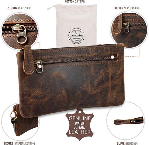 Moonster Leather Pencil Case Pouch, 8" x 4" - Leather Pen Case with Zipper Closure