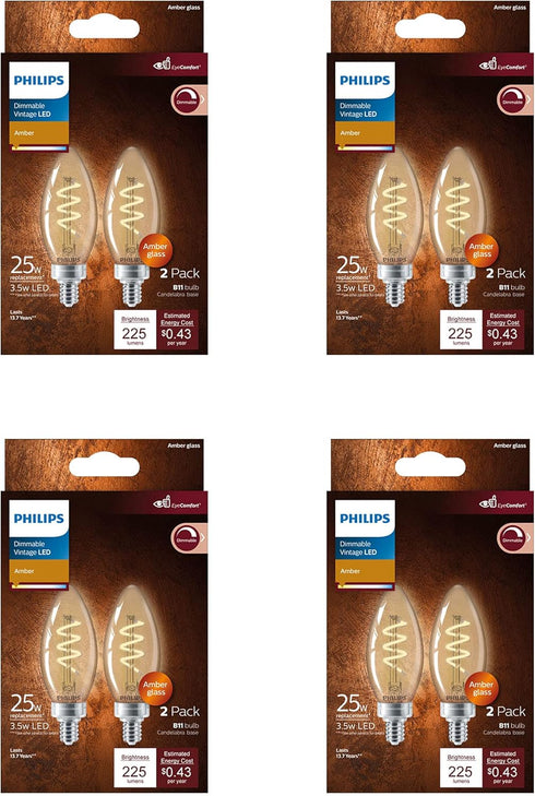Vintage Flicker-Free Amber Spiral B11 Dimmable, Eyecomfort Technology, 225 Lumen, 2000K, E12 Base, 8-Pack