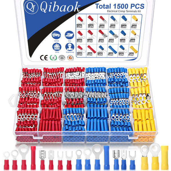 Qibaok 1500pcs Wire Connectors Insulated Electrical Wire Terminals Crimp Connector Kit