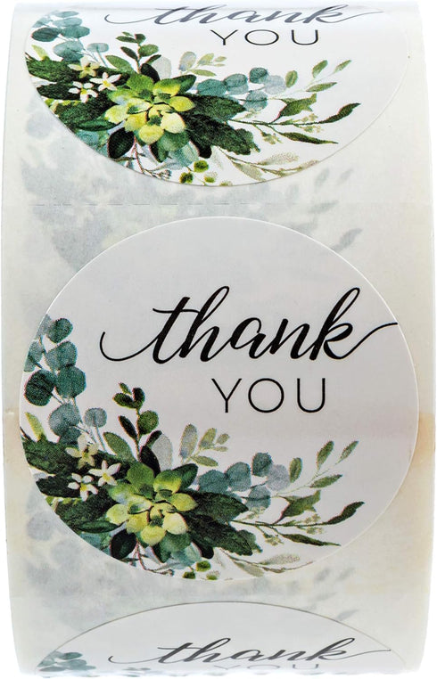 Boho Greenery Thank You Stickers, 500 Floral Labels Roll, 1.5" Round Envelope Seals, Made in The USA