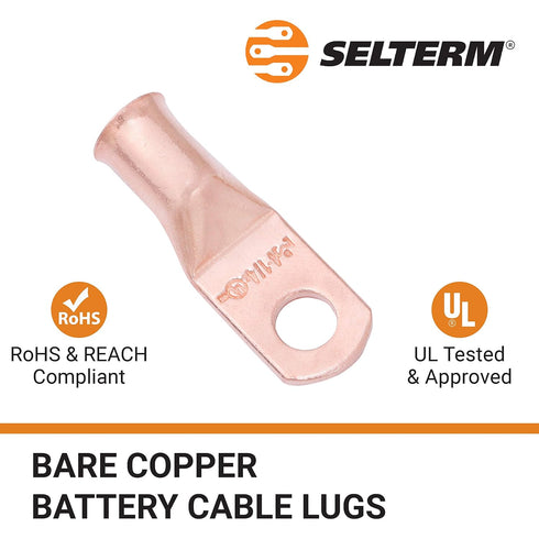 SELTERM 10pcs 4 AWG - 1/4" Stud Battery Lugs, Heavy Duty Wire Lugs, UL Bare Copper Eyelets