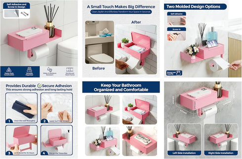 Zzaki Pink Toilet Paper Holder with Shelf & Storage Wall Mount Adhesive or Screw Installation Wipes Dispenser and Phone