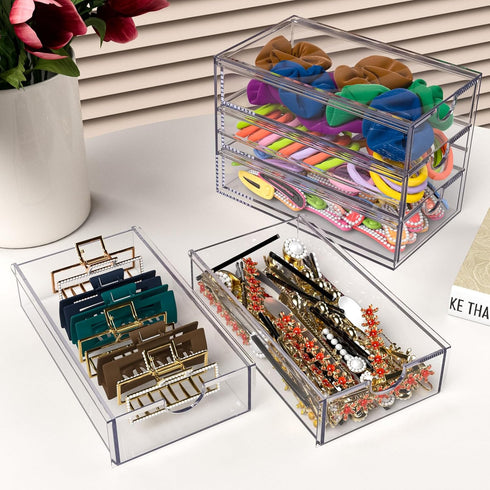 Noverlife 3 Drawers Hair Accessories Organizer, Clear Acrylic Hair Ties Desktop Craft Drawer Cabinet, Hair Claws Desk Organizer Storage Containers Box with Pull-Out Drawer for Bathroom Closet Office