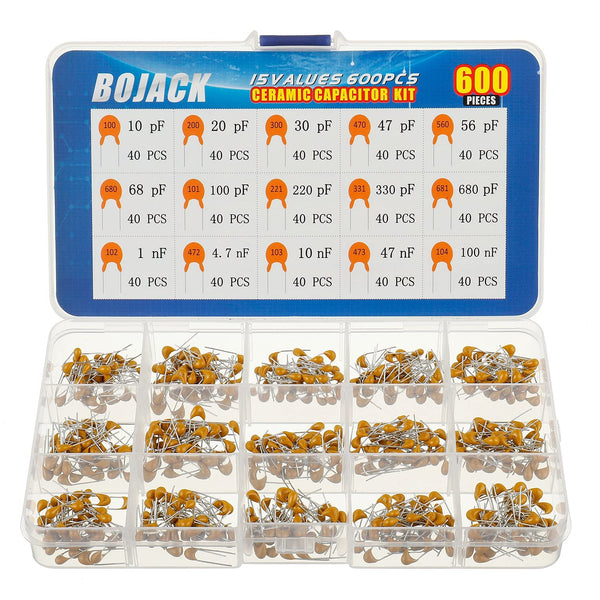 BOJACK 600Pcs Ceramic Capacitor Assortment Kit, 15 Type Values from 10pf to 100nF in a Box