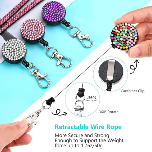 HUSUM 4 Sets Rhinestone Lanyard, Sparkling ID Card Holder, Crystal Retractable Badge Reel for Women, 4 Colors