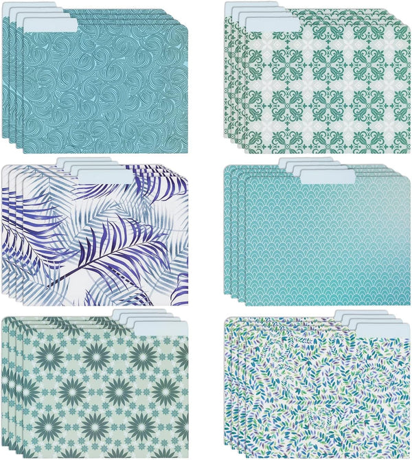 Paper Junkie 24-Pack Decorative File Folders, 6 Cute Floral Designs, Heavyweight Letter Size, Blue, Teal, Green