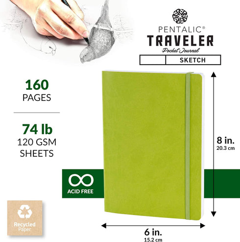 Pentalic 6" x 8" Olive Green Pocket Sketchbook Traveler Journal, 160 Pages