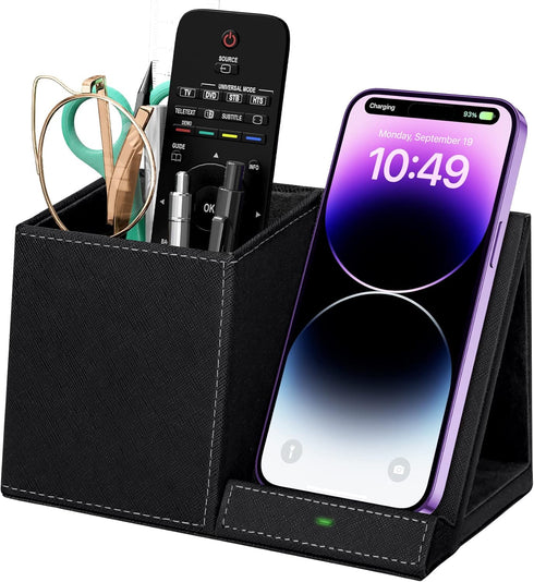 Desk Supplies Organizer, Multi-Functional Pencil Pen Holder with Wireless Charger, Home Office Supply Storage Box, Black