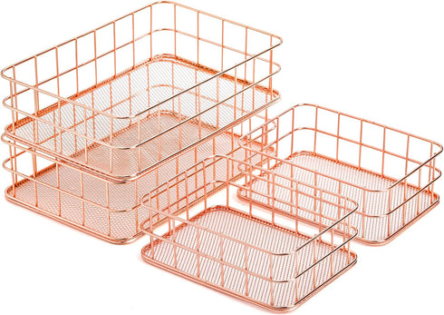 Hacaroa 4 Pack Rose Gold Wire Mesh Basket, Metal Desk Drawer Organizer for Cosmetics, Stationery, and Snacks
