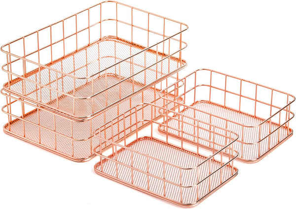 Hacaroa 4 Pack Rose Gold Wire Mesh Basket, Metal Desk Drawer Organizer for Cosmetics, Stationery, and Snacks