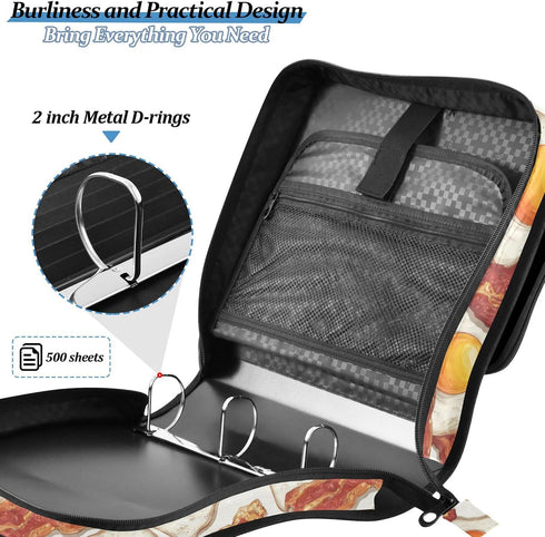 Fisyme 3 Fried Bacon Eggs Zipper Binder Ring with Zipper and Shoulder Strap Large Capacity Multi-Pocket Binder