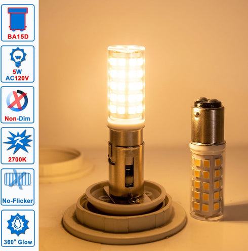 BA15D 120 Volt Double Contact/DC Bayonet Base Led Light Bulbs 50 Watt-75 Watt Replacement, T3/T4/C7/S6, 2700K Soft Warm White BA15D 5W Led Sewing Machine Bulbs, Non-dimmable, 5Pack by Ziomitus