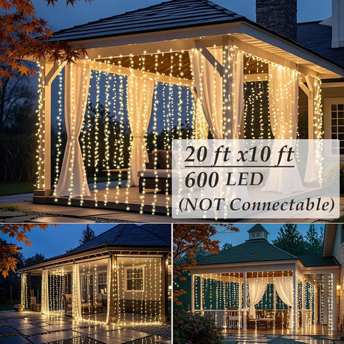 20ft x10ft, 600 Solhice LED Curtain Lights Outdoor LED Plug in Hanging String Lights Indoor Bedroom, Twinkle Light