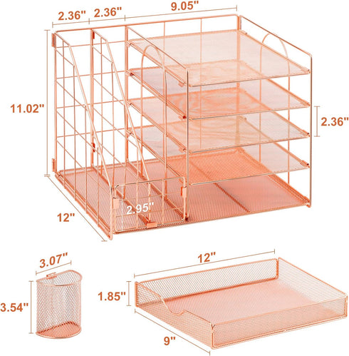 Marbrasse Rose Gold Desk Organizer with 5-Tier Paper Letter Tray, Drawer and 2 Pen Holder