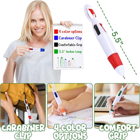 Retractable Shuttle Pens with Carabiner Clip, Pack of 12 Mini 4-in-1 Multi-Colored Ink Ballpoint Pens