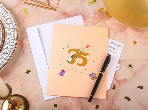 Liif Happy 75th Birthday 3D Greeting Pop Up Card, 75 Birthday Card for Women, Men, with Balloon and Champagne Design