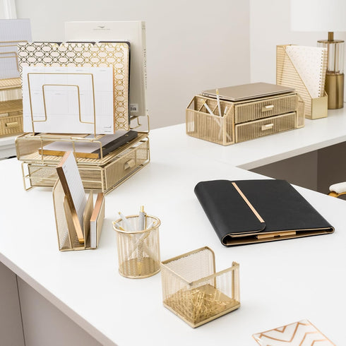Gold Desk Organizer, Gold Office Accessories Set for Women, Includes Detachable File Organizer, Stackable Paper Tray,