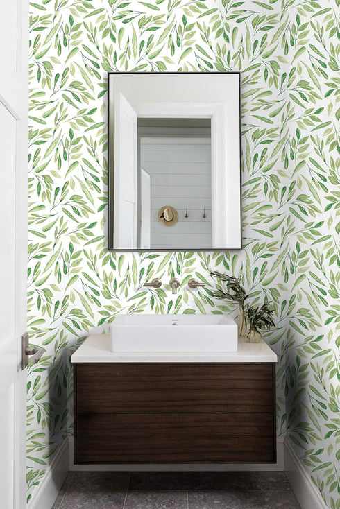 HAOKHOME 93199-2 Boho Peel and Stick Wallpaper, Green Branches Leaves, Removable Vinyl Contact Paper 17.7in x 9.8ft