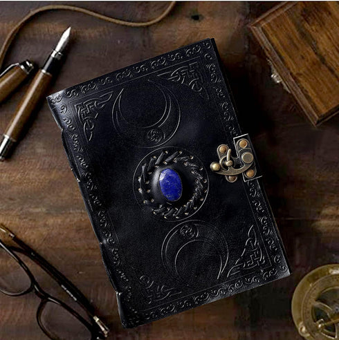 cuero 3 Moon Blue Lapiz Embossed Vintage Leather Journal, 240 Pages of Antique Handmade Paper, Black