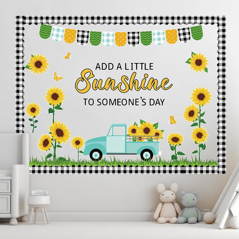 ZOIIWA Sunflower Bulletin Board Decorations, Summer Truck Back to School Set with Black Plaid Borders Wall Decor