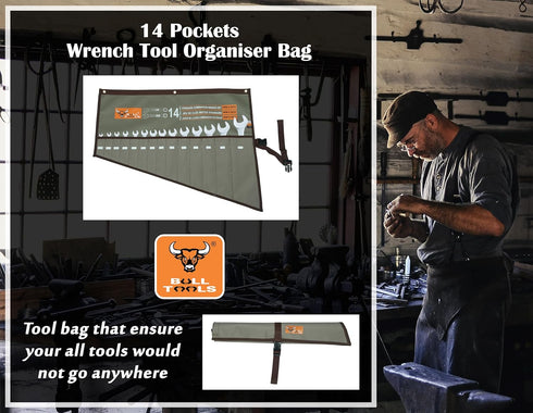 Wrench Roll Bag Organizer Tool Pouch, Heavy Weight, Water Proof Ballistic Polyester, 14 Pocket