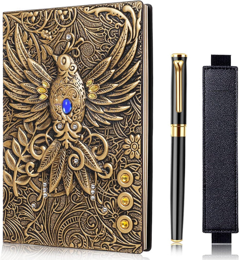 Vintage Phoenix Embossed Leather Notebook, Daily Travel Journal with Black Ballpoint Pen and Pen Sleeve, Antique
