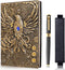 Vintage Phoenix Embossed Leather Notebook, Daily Travel Journal with Black Ballpoint Pen and Pen Sleeve, Antique