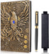 Vintage Phoenix Embossed Leather Notebook, Daily Travel Journal with Black Ballpoint Pen and Pen Sleeve, Antique
