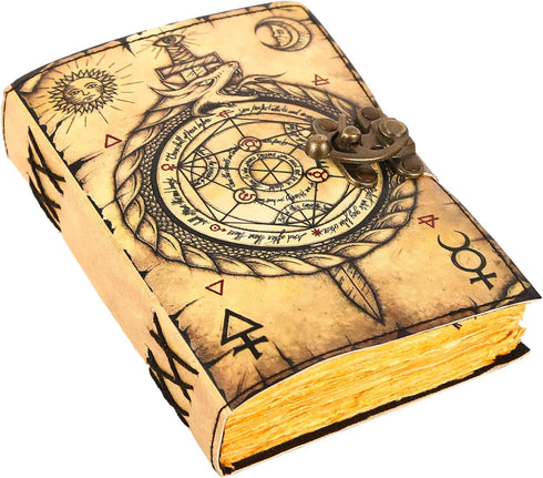 TUZECH Book of Spells Leather Bound Journal, Deckle Edge Paper, Grimoire Printed Diary, Spiral Gothic Notebook