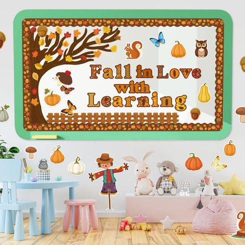 WATINC 170Pcs Fall Tree Learning Bulletin Board Decoration Set, Autumn Pumpkin Cutouts for Classroom Decor