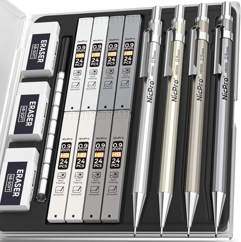 Nicpro 4 Pack Metal Mechanical Pencil Set, 0.9mm, 8 Tubes HB #2 Lead Refill, Case Included