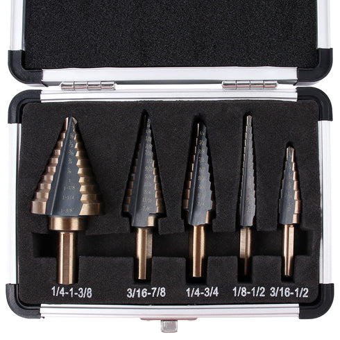 Zhushan 5pcs Step Drill Bit Set, High Speed HSS Cobalt Multiple Hole Sizes with Aluminum Case