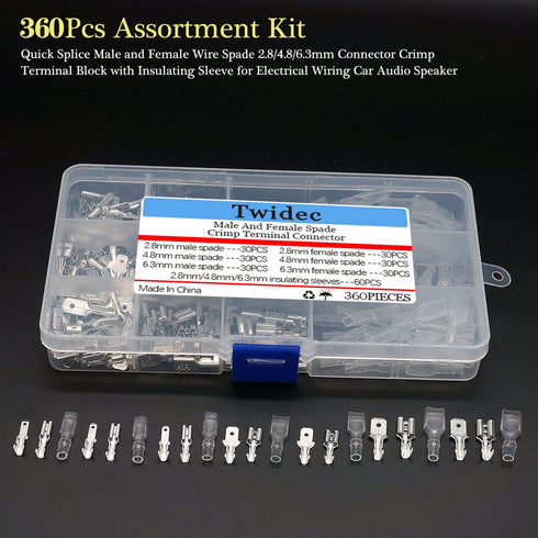 Twidec/360Pcs 2.8/4.8/6.3mm Quick Splice Male and Female Wire Spade Connector Crimp Terminal Block Assortment Kit