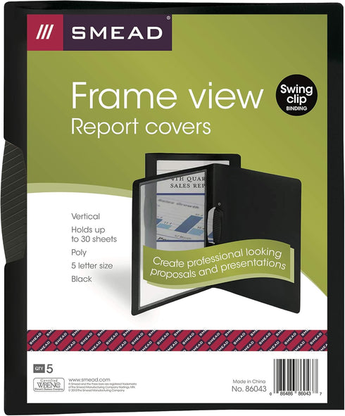 Smead Frame View Poly Report Cover, 1/2" Capacity, Letter Size, Black/Clear Front, 5 per Pack (86043)