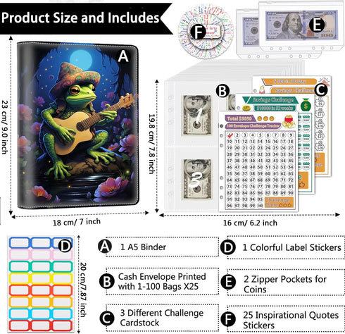 Money Saving Binder with 100 Envelopes, 3 Budgeting Planner Trackers, PU Leather A5 Planner Book, Frog Playing Guitar