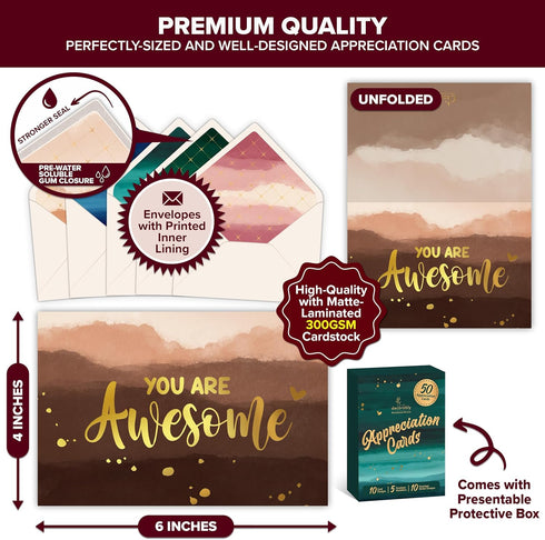 50 Pack 6x4in 10 Decorably Gold Foiled Watercolor Employee Appreciation Cards with Envelopes and Stickers, Designs