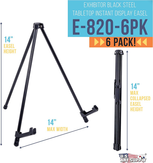 U.S. Art Supply 14" High Black Steel Tabletop Easel, Pack of 6, Adjustable Holders