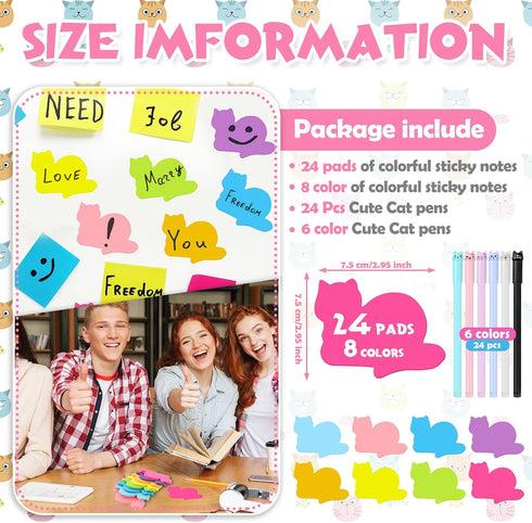 Cat Stationery Set / 720 Sheets Cat Sticky Notes with 24 Pcs Cat Pens / Cute Cat Office Supplies for School and Gifts