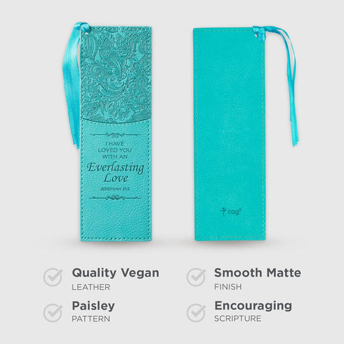 Christian Art Gifts Premium Vegan Leather Bookmark for Men & Women: Everlasting Love - Jeremiah 31:3, Teal