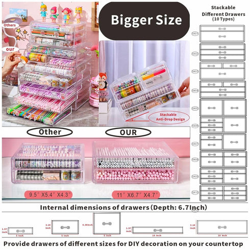 Desktop Storage Drawers, Rectangular Plastic Makeup Storage with 6 Drawers, Pull Out Small Craft Storage Case