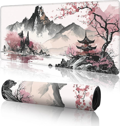 Large Gaming Mouse Pad Watercolor Cherry Blossom, 31.5 x 11.8 in, Extended Keyboard Mousepad with Non-Slip Base