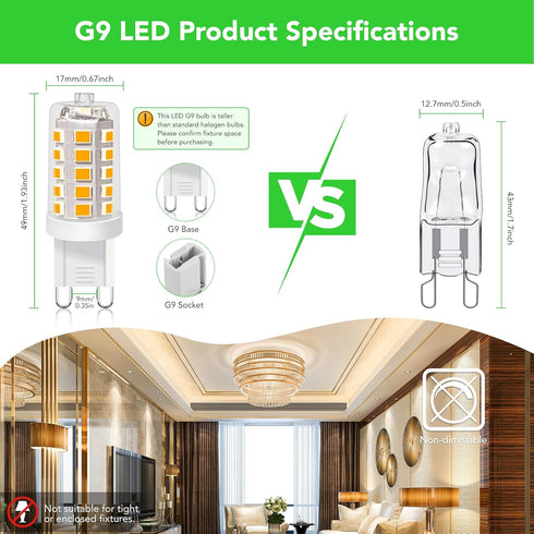 G9 Bulb 2700K 430 3W 40W T4 G9 360Beam 120V Non-Dimmable G9 Bulbs 6 Pack BUBO LED Soft White Lumens, Equivalent Halogen