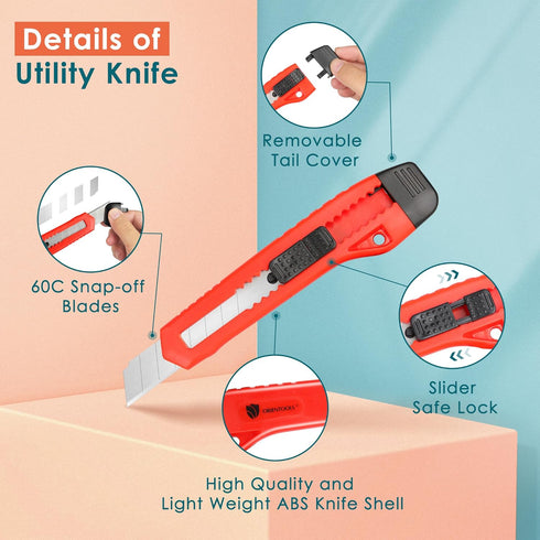 ORIENTOOLS Utility Knife Box Cutter, 4-Pack Set, Auto-lock Razor with Snap Off Blades for Home and Office