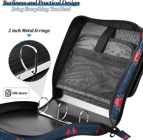 Fisyme 3 Sea Red Lobsters Zipper Binder Ring with Zipper and Shoulder Strap Large Capacity Multi-Pocket Binder