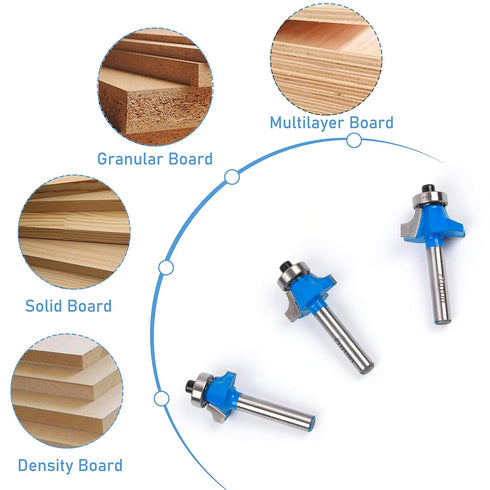 3Pcs Set 1/4" Set, 1/4", 3/8", 1/2", 1/8'', 3/16'', 1/4'') Roundover Edging Router Bit Shank, Corner Rounding
