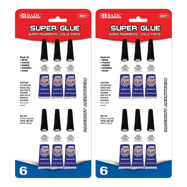 BAZIC Super Glue, 3g/0.10 Oz Small Tube Clear Adhesive Fluid for Office & Home Improvement (6/Pack)