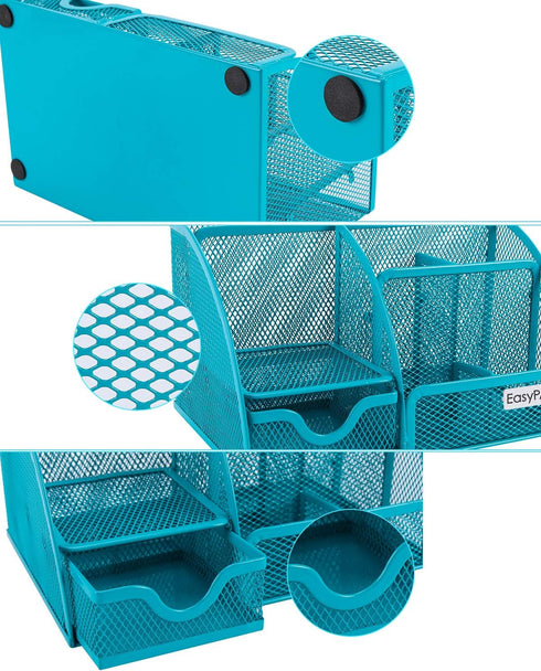 EasyPAG Desk Organizer, Blue - Mesh Desktop Caddy with 6 Compartments and 1 Drawer for Office, Home, School