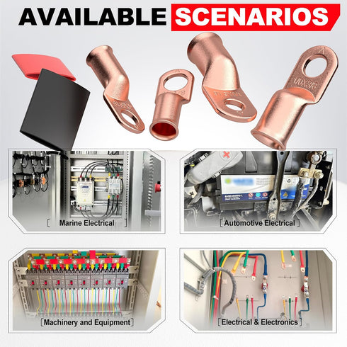 10 6 5/16" 6 AIRIC PCS UL Listed AWG - Battery Cable Lugs, Heat Shrink Ring Terminals End, Copper Cable Ends, Wiring
