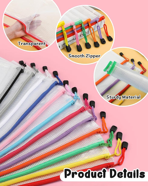 Umriox Zipper Bags, 6 Assorted Sizes (12 Packs), Project Bags for Cross Stitch, Mesh Pouch for Office Supplies